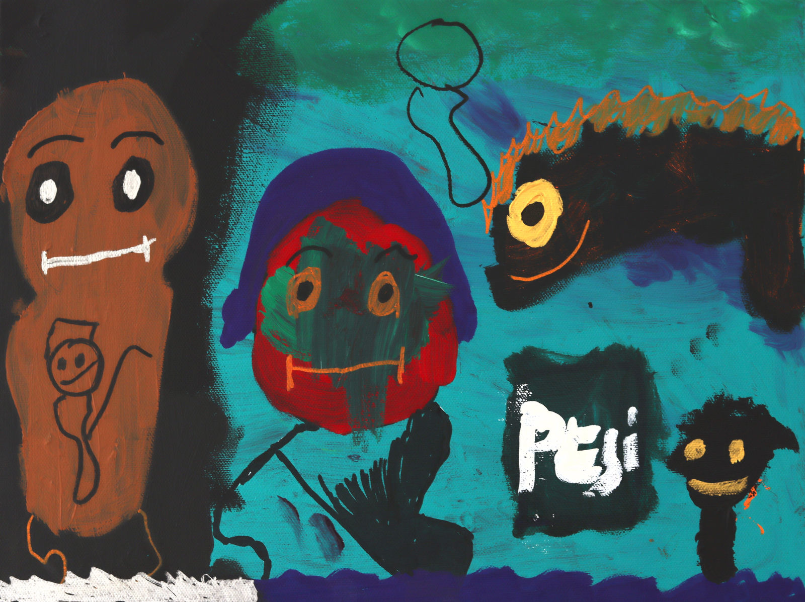 A black and turquoise background with various figures and shapes. Some are humanoid, others reptillian, some robotic.