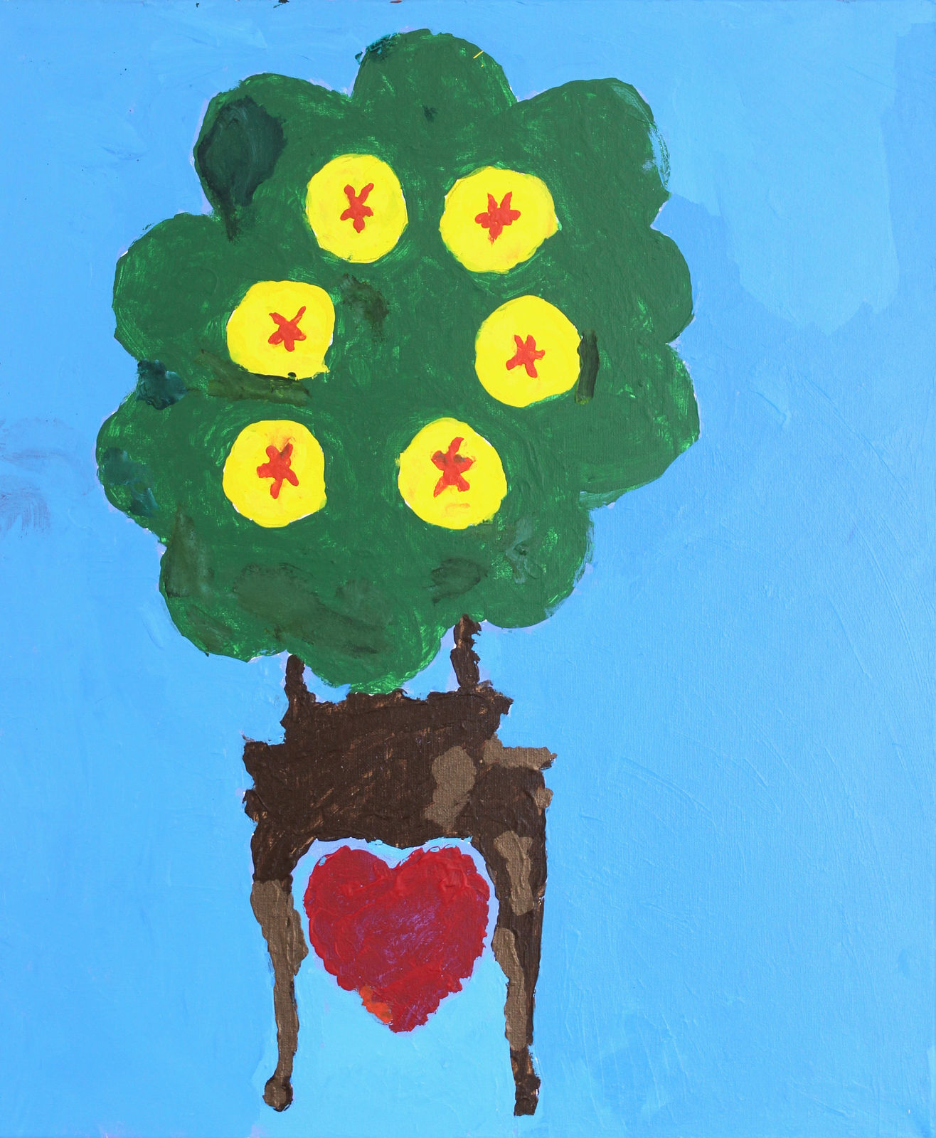 A sky blue background with a table and tree on top of it. A heart is between the legs of the table. Six golden circles with red stars are on the tree