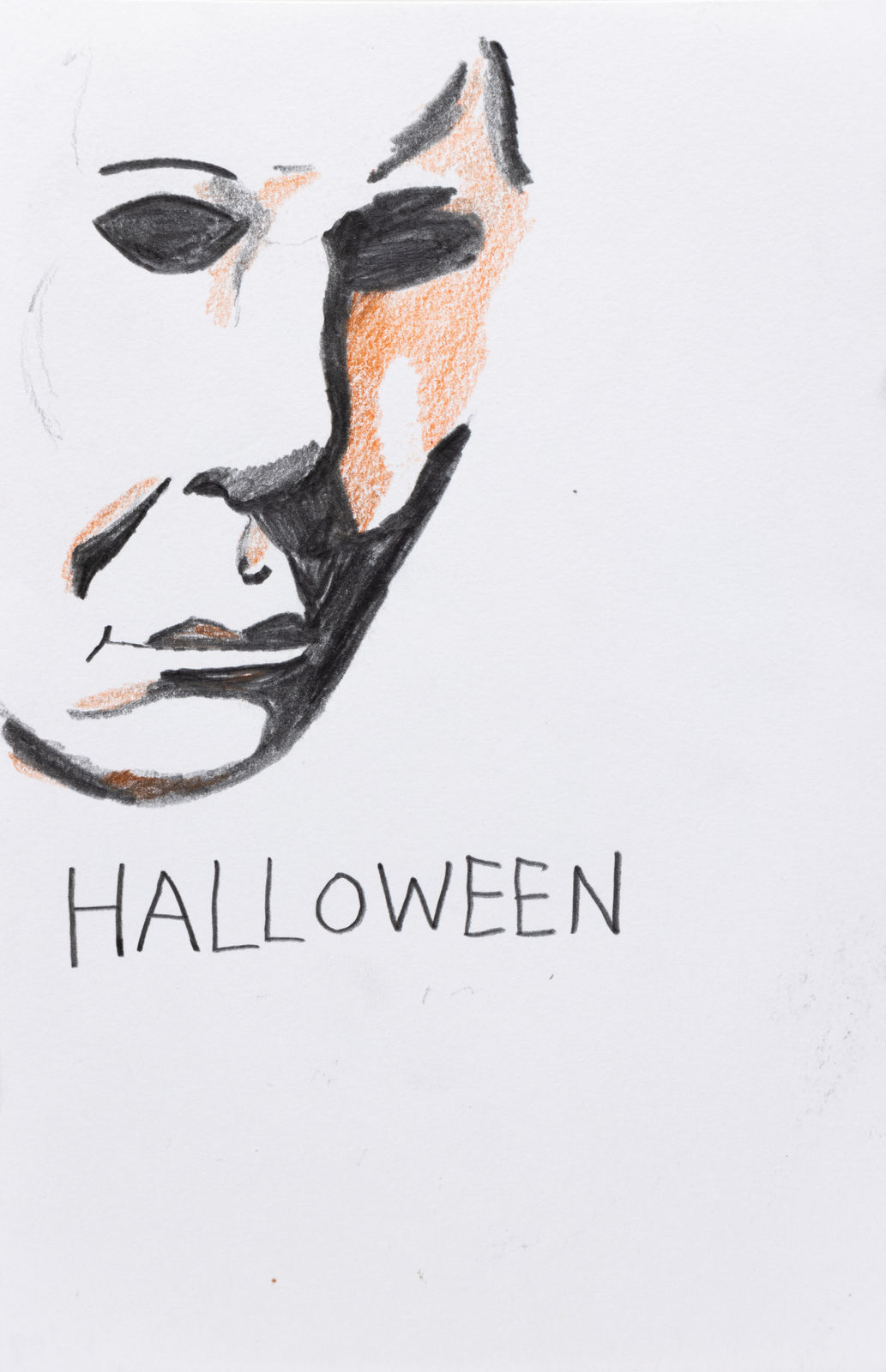 A graphite and orange colored pencil drawing of Michael Meyers from the Halloween film series, whose face is visible in the upper left quadrant of the paper