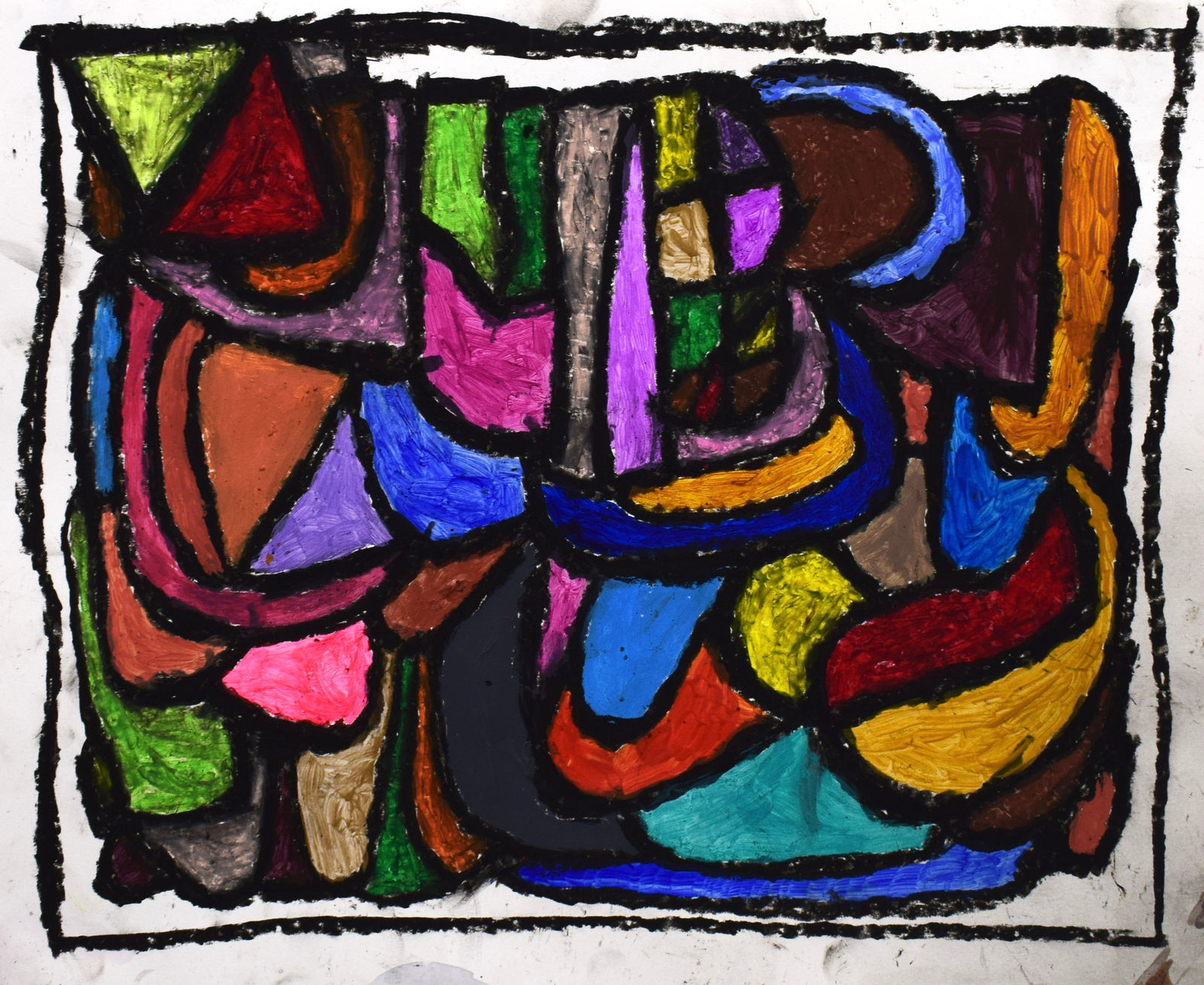 A colorful array of shapes surrounded by a black border.