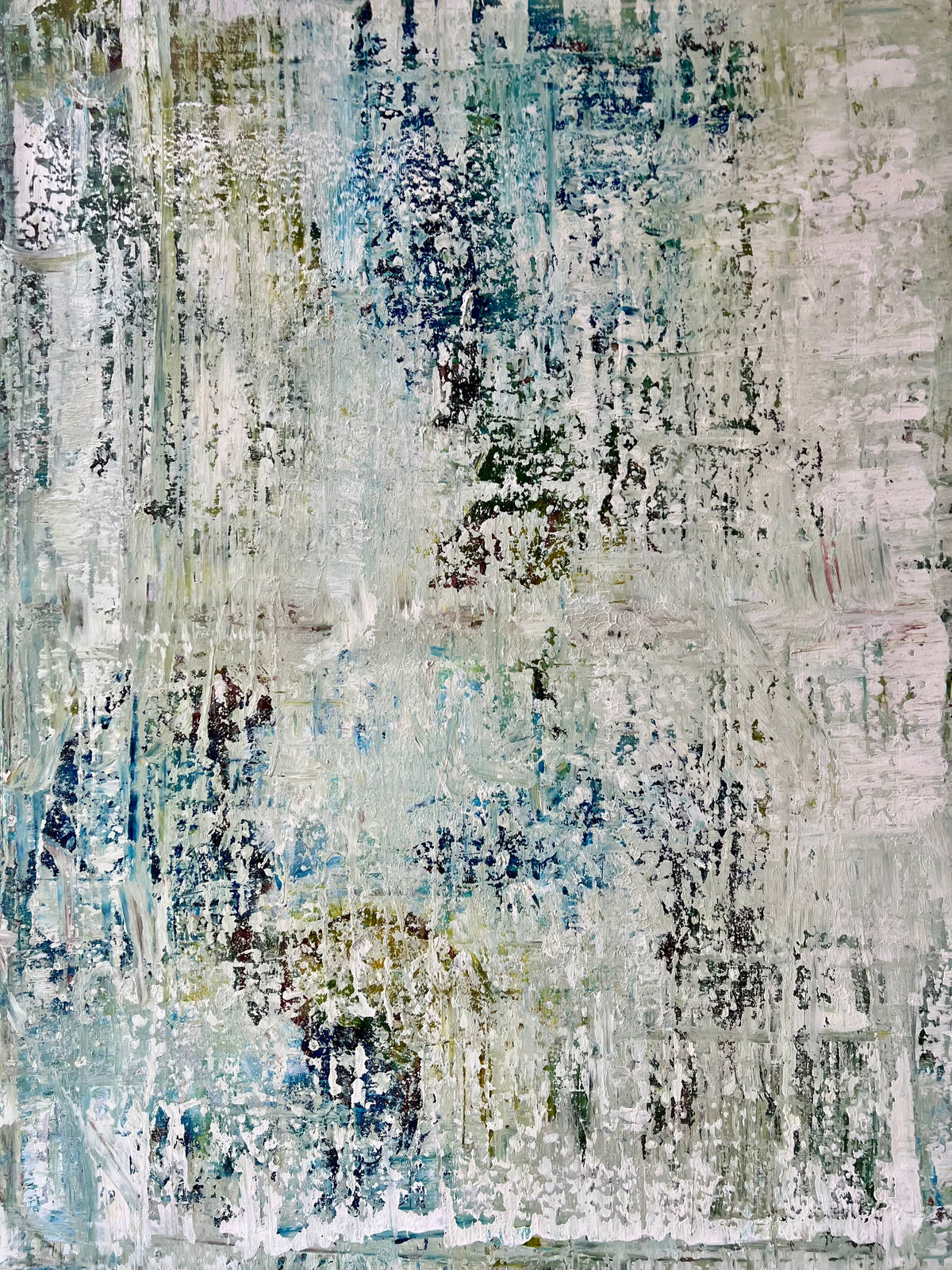 Chromatic Drift, abstract textured painting by Mathis Duhem featuring layered blue, white and green tones with gestural depth