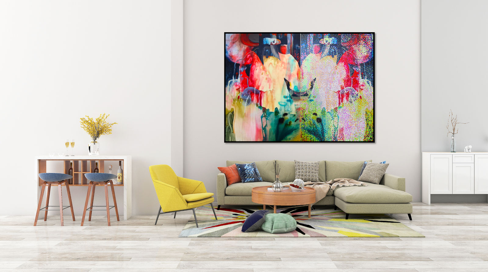 Mirror waves, BLO, KAN, JAW, Street art, color, colorful, joyful, acrylic painting, street art, abstract painting, contemporary pop art, Art Thema Heyi Gallery, Brussels, home interior art design, salon decoration