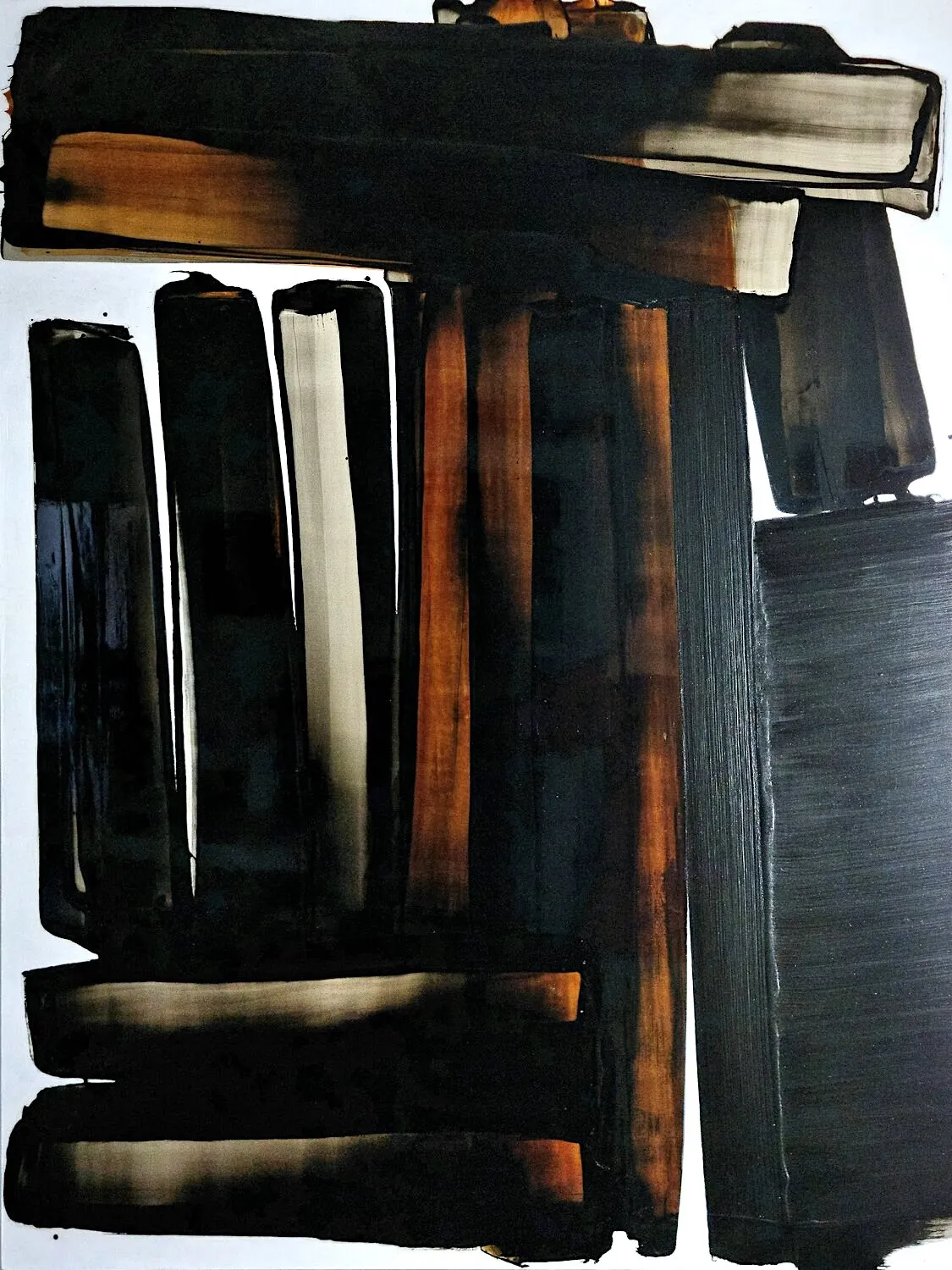 Aptère VI, ein abstraktes Gemälde von Frédéric Halbreich, schwarz-weiß und braun, kalligrafische zeitgenössische Malerei, Öl auf Lack auf Holz, ausgestellt in der Galerie Art Yi in Brüssel.