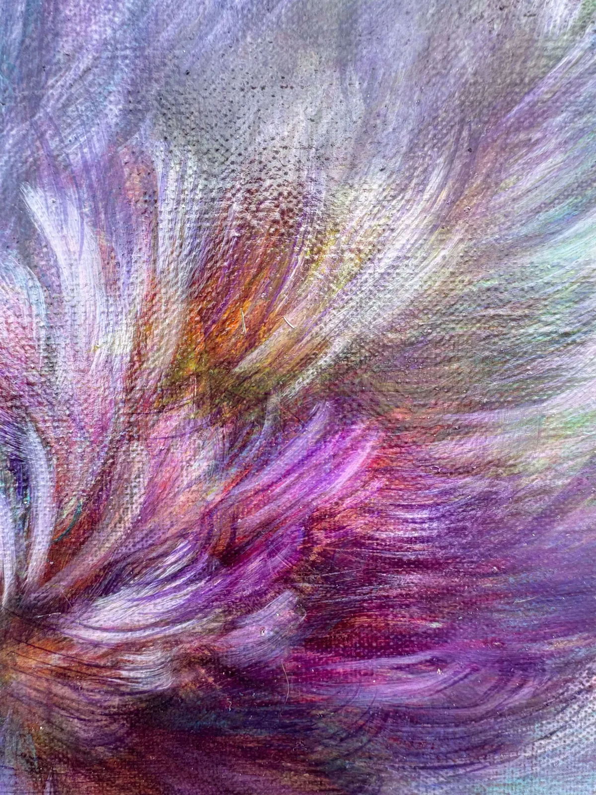 Valse des fleurs printanières, peinture à l'huile de Noriko Kurafuji, impression abstraite, teinte violette et pourpre, exposée à la galerie Art YI à Bruxelles.