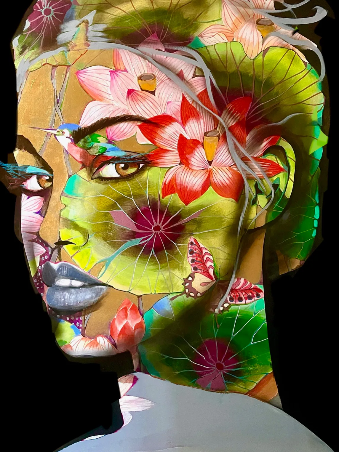 paradijs acryl schilderij japanse kunst frankrijk courpotin vrouw gezicht bloem en vlinder schilderij Art Yi brusselse kunstgalerij