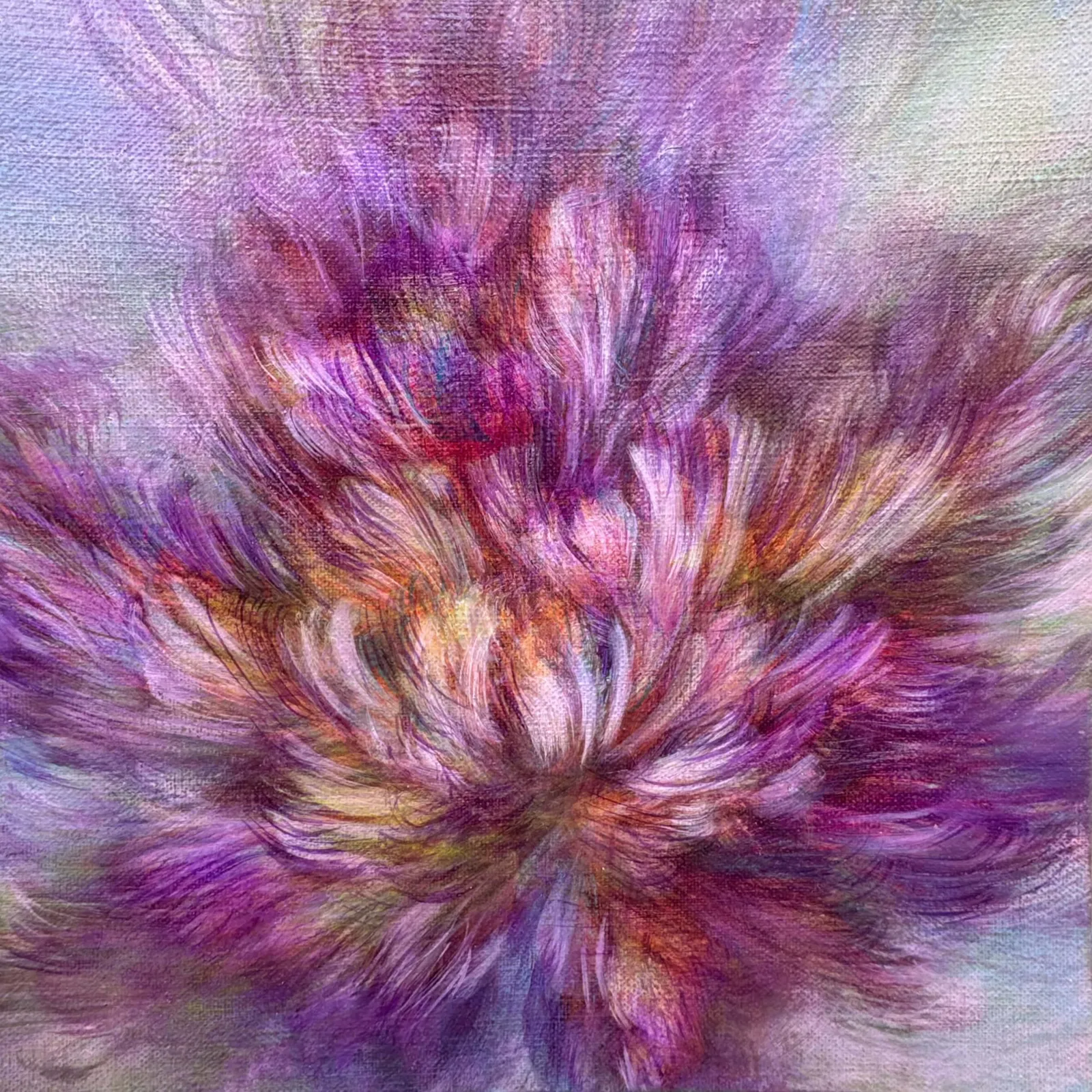 waltz of flower spring flower painting of Noriko kurafuji oil painting abstract impression violet purple colorful painting at Art YI gallery in Brussels