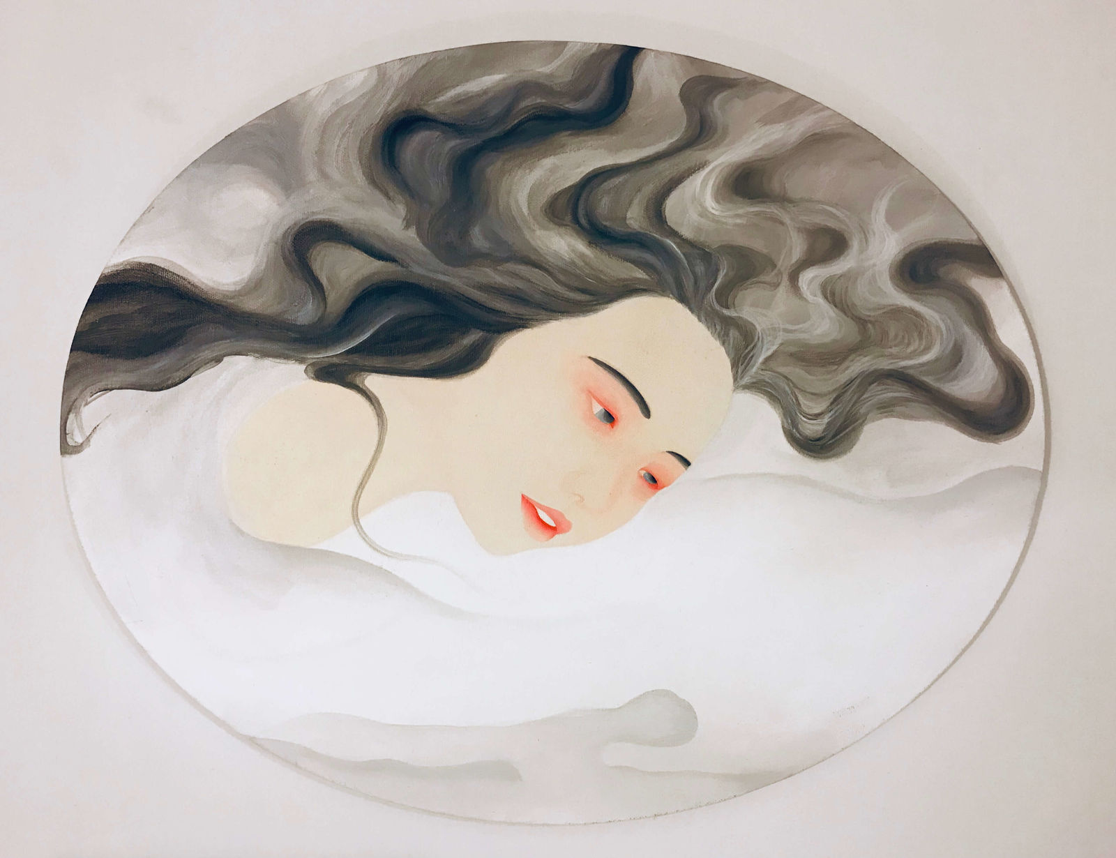 clouds wang jojo chinese contemporary painting of a girl flying in sky in black and white in ukiyo-e and yamato-e japanese painting ink and watercolor on paper interior draw art decoration art gallery art yi brussels