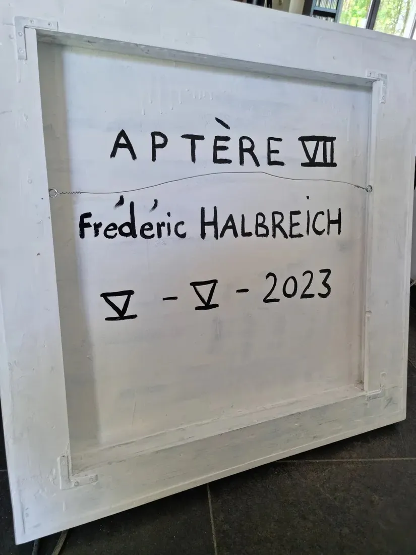 aptere VII abstract painting of Frédéric Halbreich black white and brown calligraphic contemporary painting oil painting lacquer on wood at Art Yi gallery in Brussels