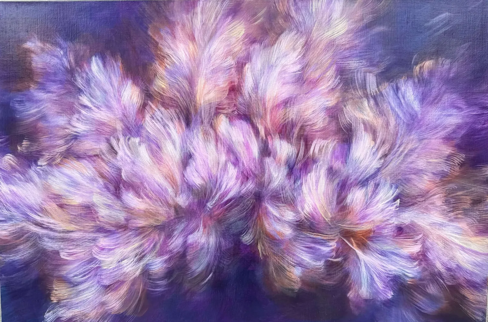 Valse de Nagare, peinture florale, Noriku Kura Fuji, violet foncé et or, fleurs printanières, peinture japonaise contemporaine, peinture à l'huile, peinture impressionniste, galerie Art Yi, galerie d'art de Bruxelles