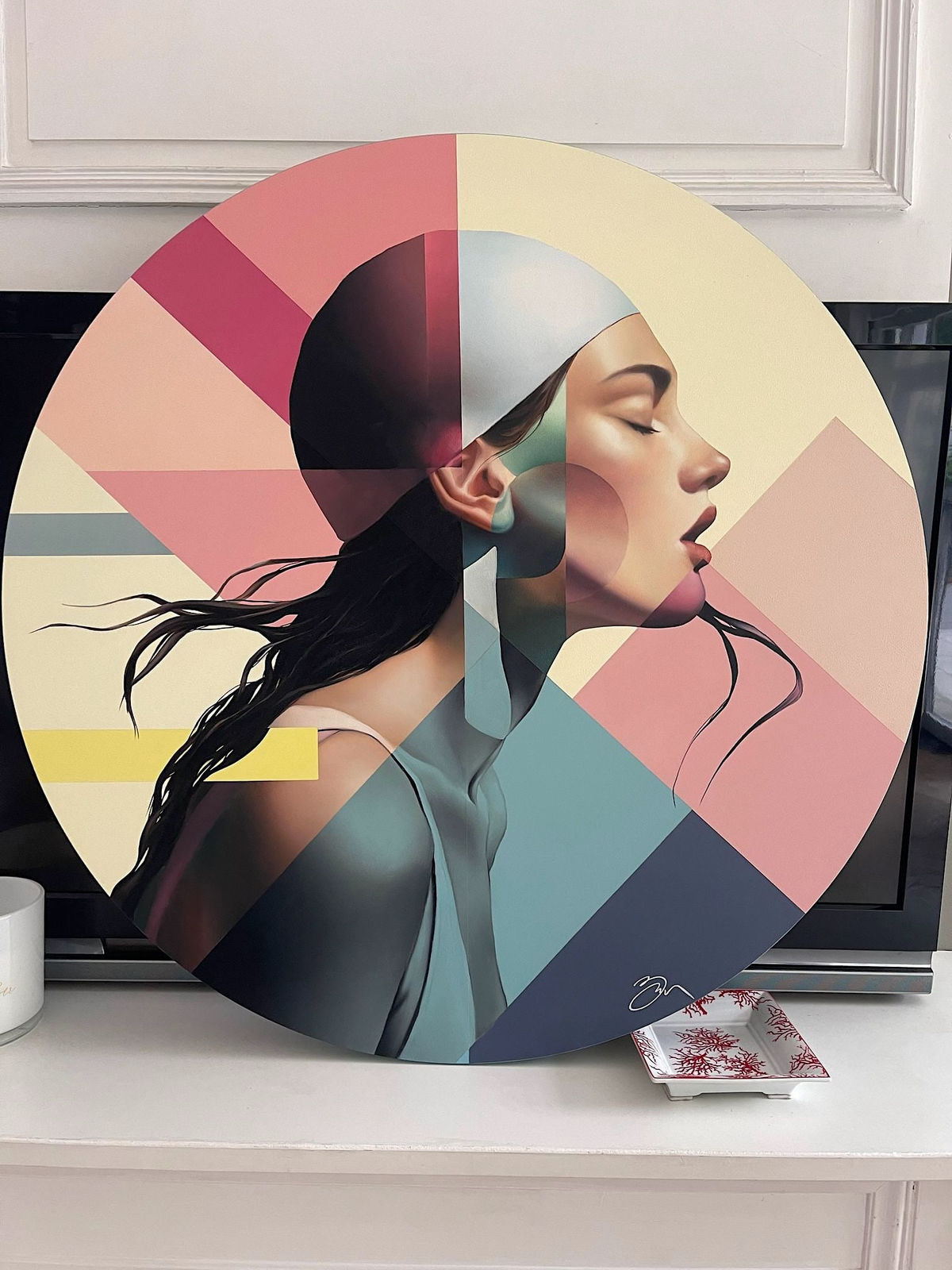 Tondo pour une femme en bonnet blanc femme nageuse peinture peinture figurative peinture à l'huile peinture acrylique peinture contemporaine Damien Bassez à la galerie Art Yi à Bruxelles