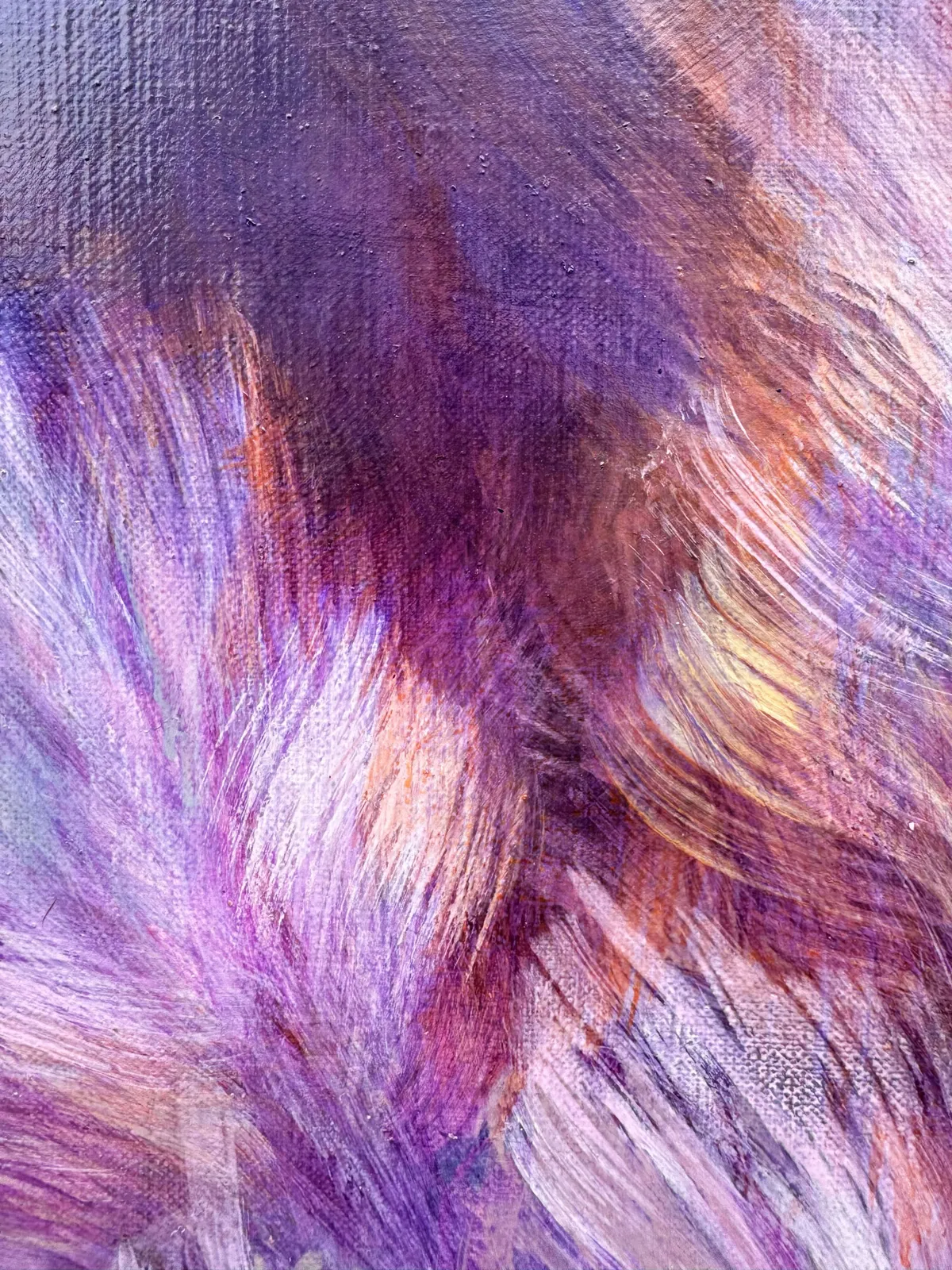 Valse de Nagare, peinture florale, Noriku Kura Fuji, violet foncé et or, fleurs printanières, peinture japonaise contemporaine, peinture à l'huile, peinture impressionniste, galerie Art Yi, galerie d'art de Bruxelles