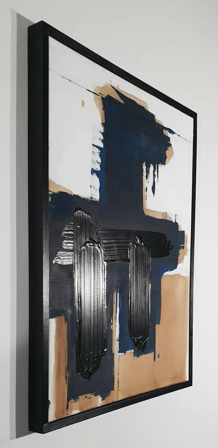 footprint V abstract painting of Frédéric Halbreich black and white and brown calligraphic contemporary painting oil painting lacquer on wood at Art Yi gallery in Brussels