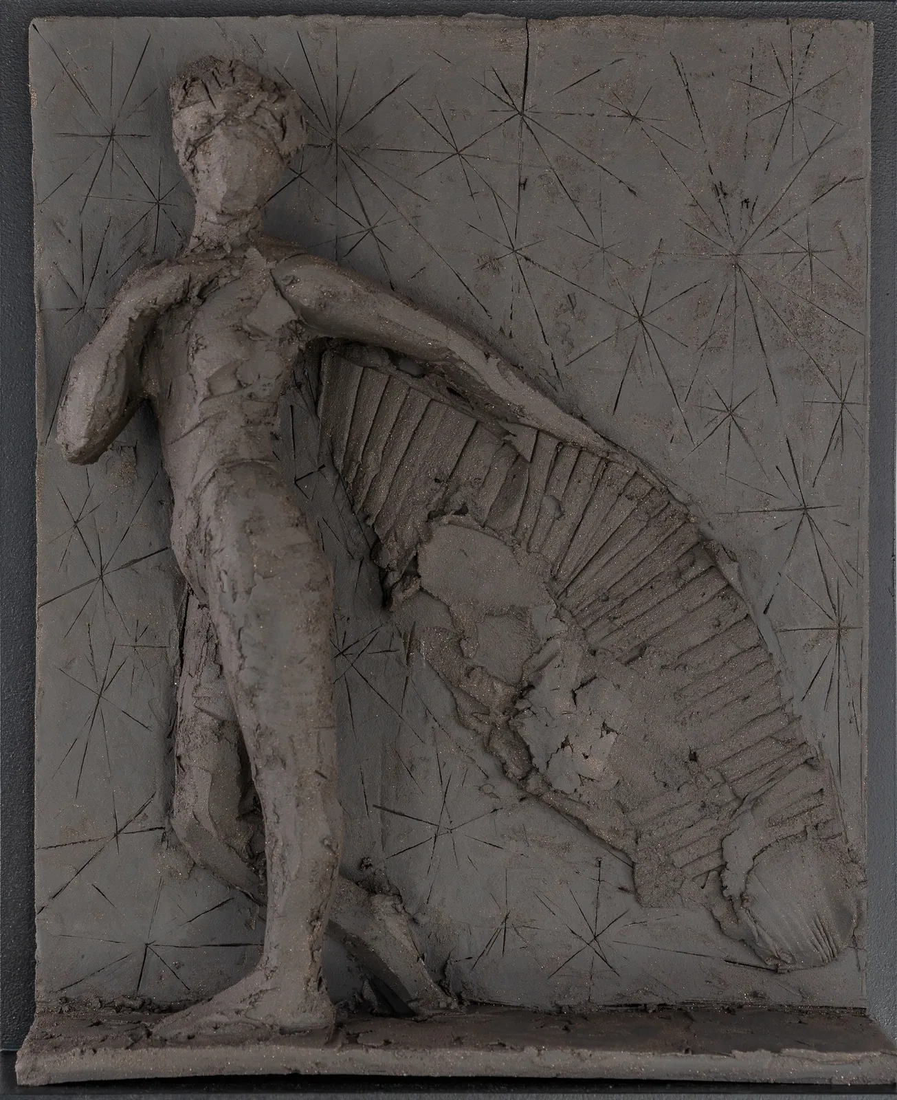 Sculptor Emilio DiIorio's series of 9 Greek Muses in black clay. Ceramic figurative relief is 4th of 9.