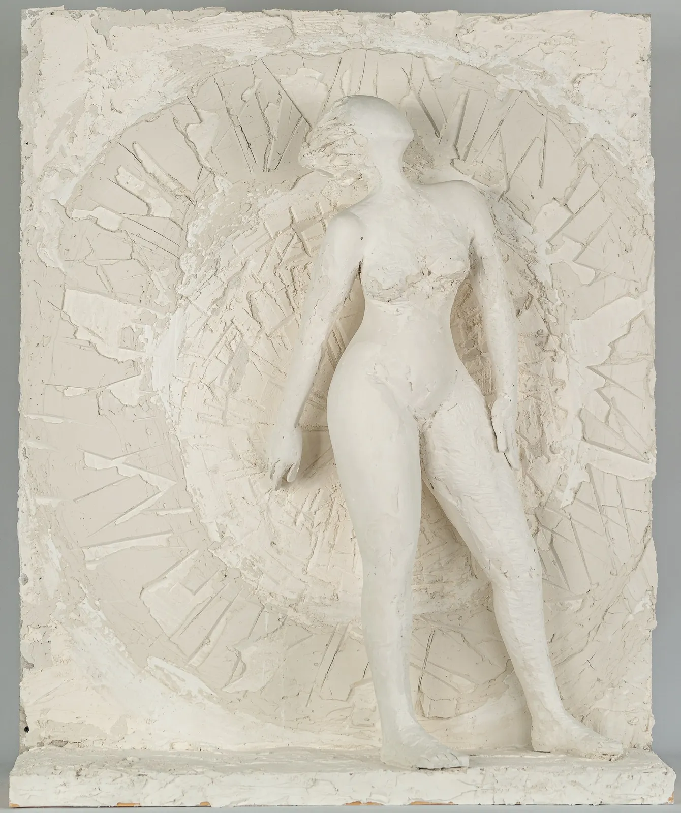 Female figurative relief in plaster by contemporary artist Emilio DiIorio. Relief is No. 4 in artist's Greek Muses series.