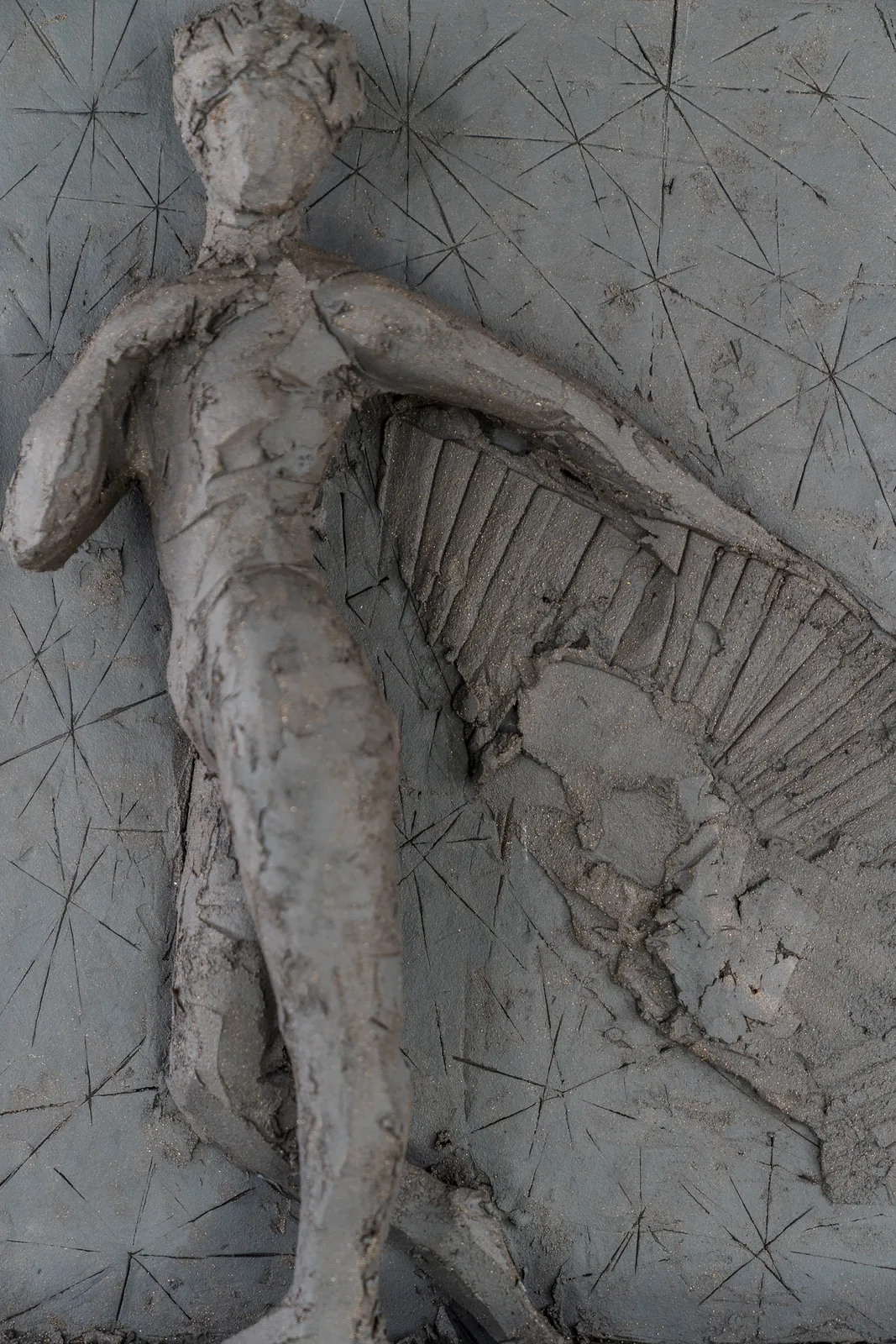 Sculptor Emilio DiIorio's series of 9 Greek Muses in black clay. Ceramic figurative relief is 4th of 9.