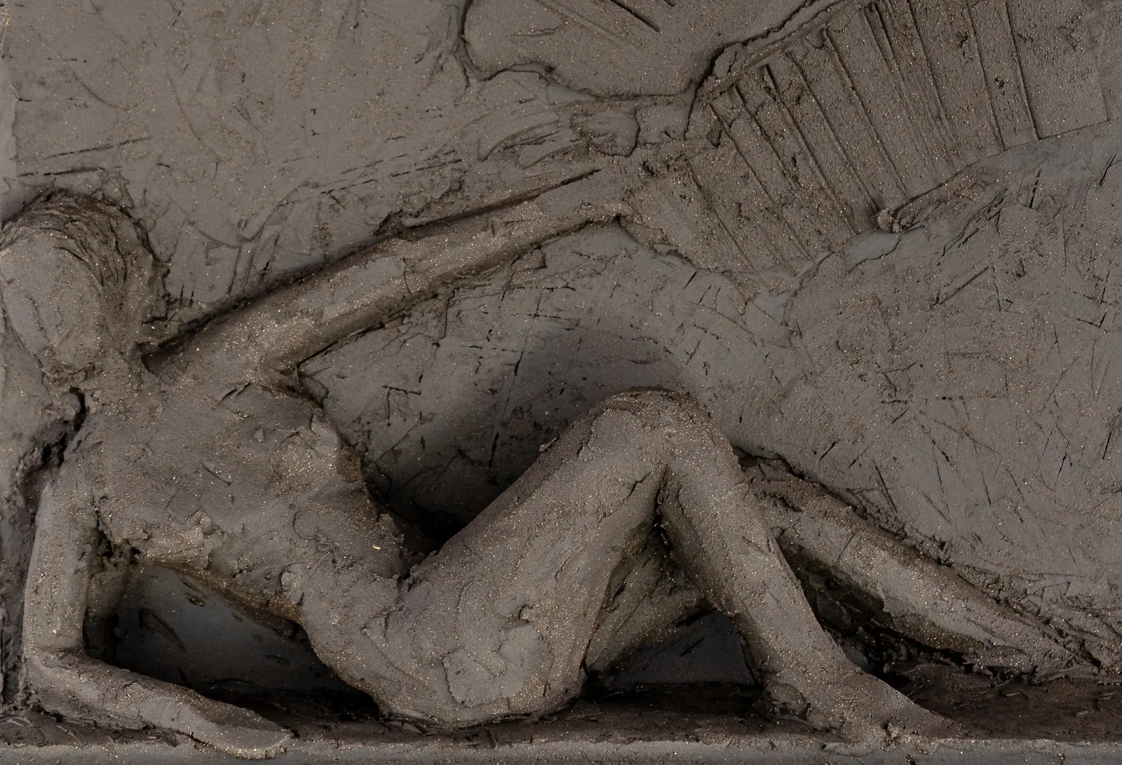 Sculptor Emilio DiIorio's series of 9 Greek Muses in black clay. Ceramic figurative relief is 2nd of 9.