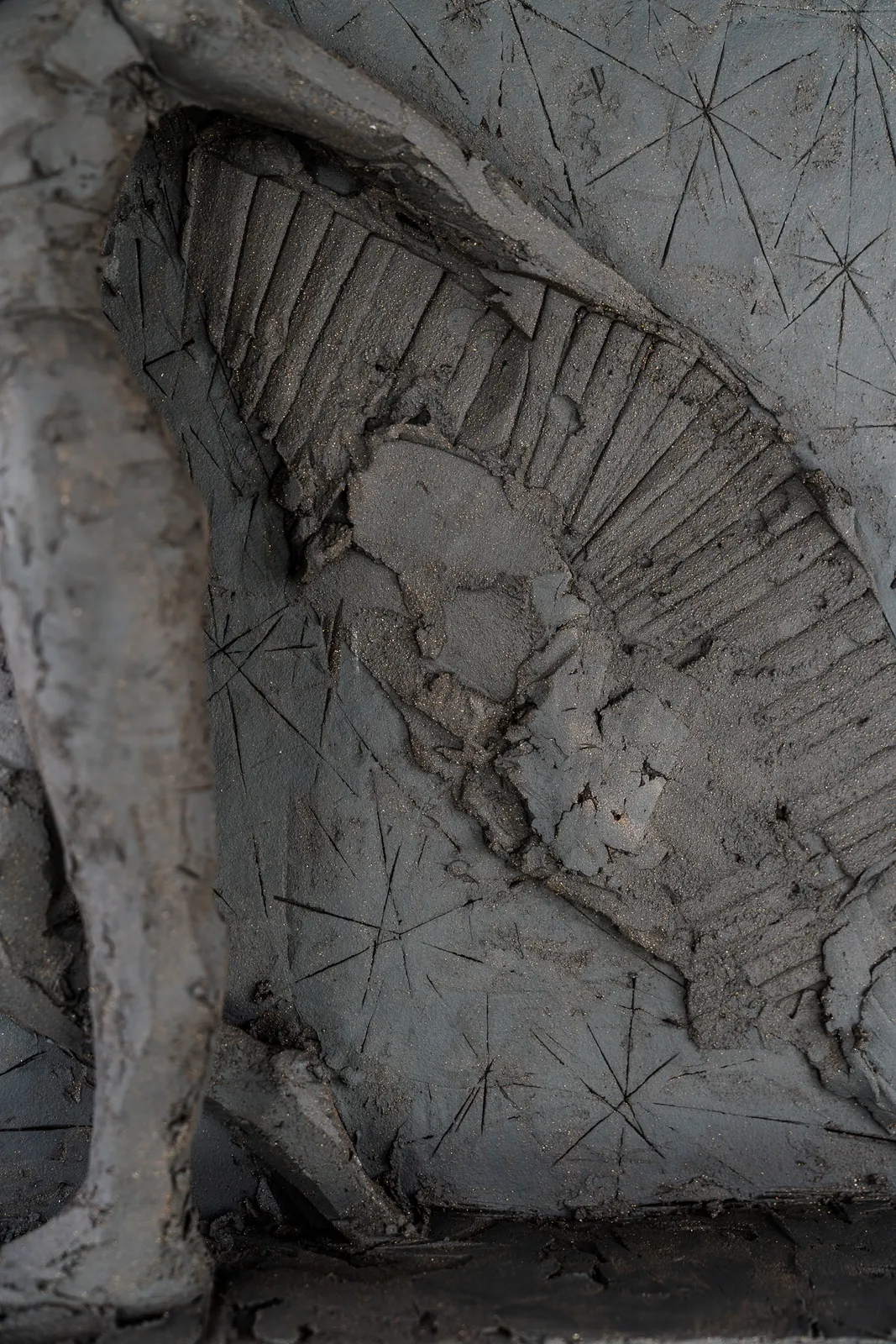 Sculptor Emilio DiIorio's series of 9 Greek Muses in black clay. Ceramic figurative relief is 4th of 9.