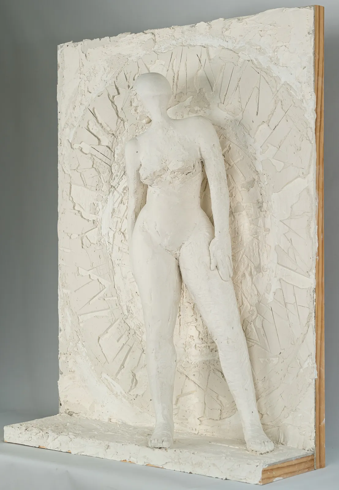 Female figurative relief in plaster by contemporary artist Emilio DiIorio. Relief is No. 4 in artist's Greek Muses series.