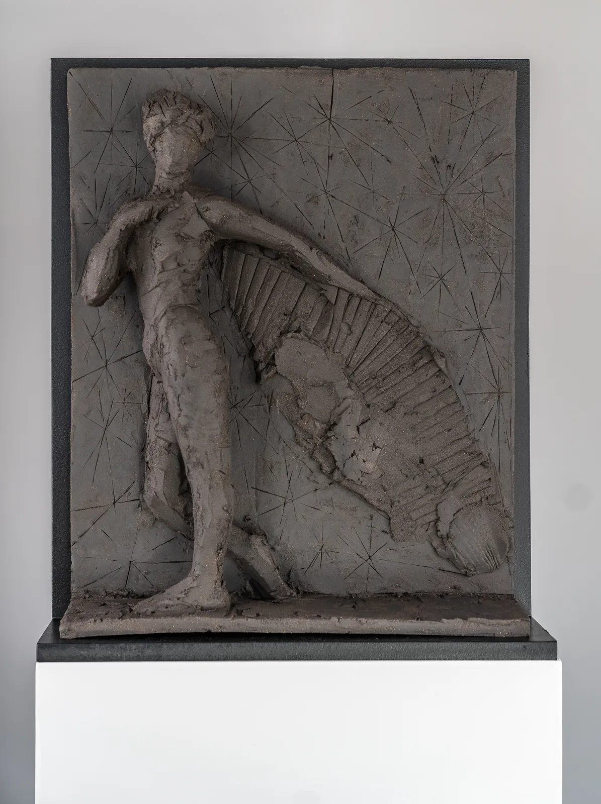 Sculptor Emilio DiIorio's series of 9 Greek Muses in black clay. Ceramic figurative relief is 4th of 9.