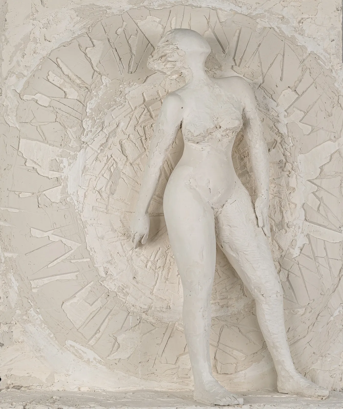 Female figurative relief in plaster by contemporary artist Emilio DiIorio. Relief is No. 4 in artist's Greek Muses series.