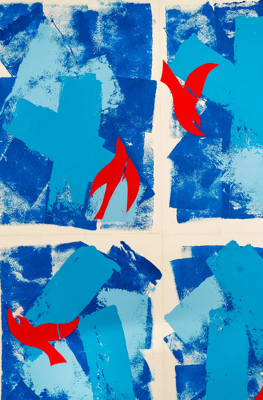 Abstract collage in shades of blue with red birds by artist Emilio DiIorio