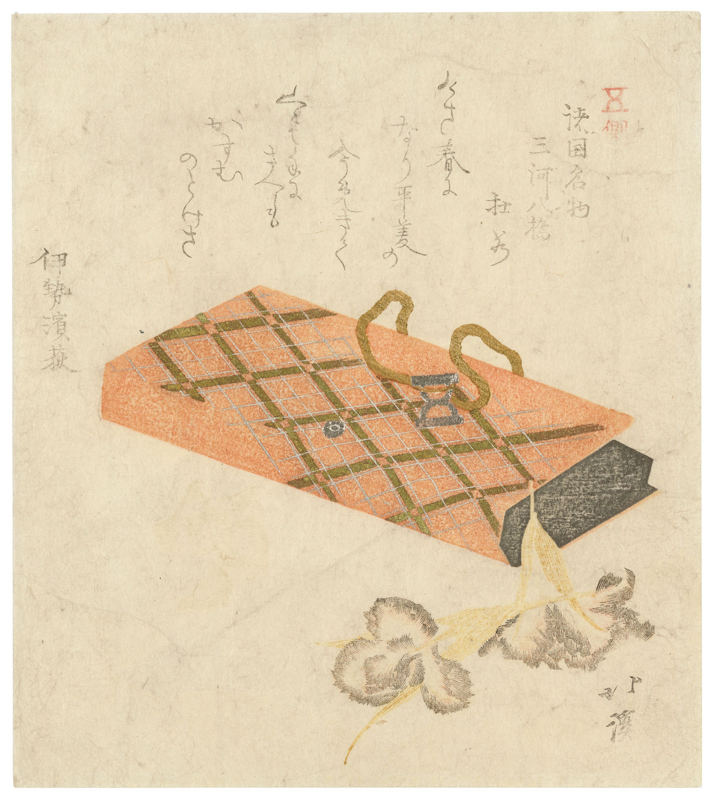 Totoya Hokkei (1780–1850), The Irises of Yatsuhashi at Mikawa (Mikawa Yatsuhashi, kakitsubata), from the series Famous Products of the Various Provinces, for the Gogawa Group (Gogawa, Shokoku meibutsu), about 1810