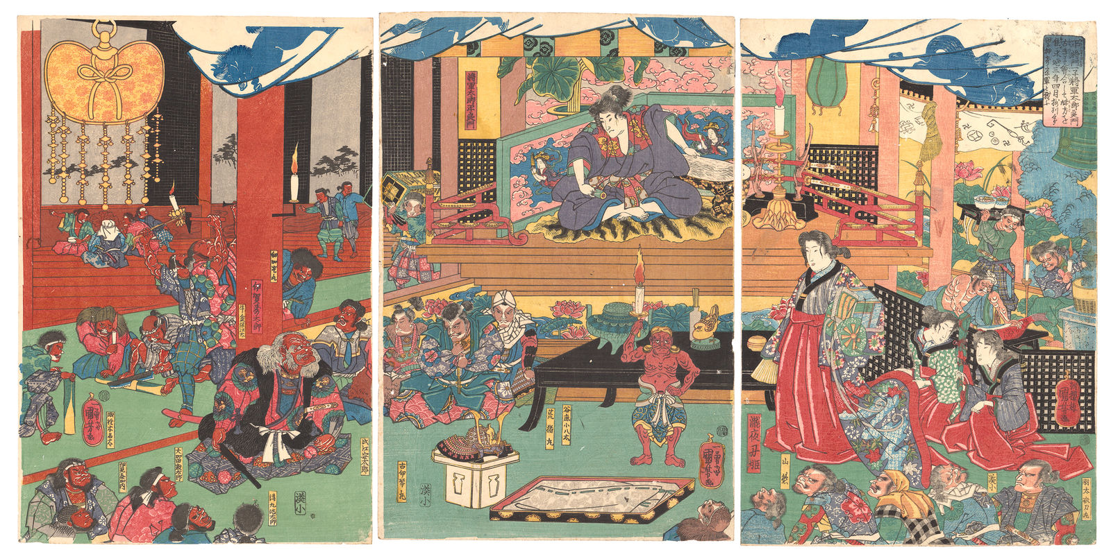 Utagawa Kuniyoshi (1797-1861), Iga Jutaro (L) seated next to a pillar watches Shogun Taro Taira no Yoshikado (C) who is seated on a platform, and his sister Princess Takiyasha (R); surrounded by their supporters, circa 1842-46