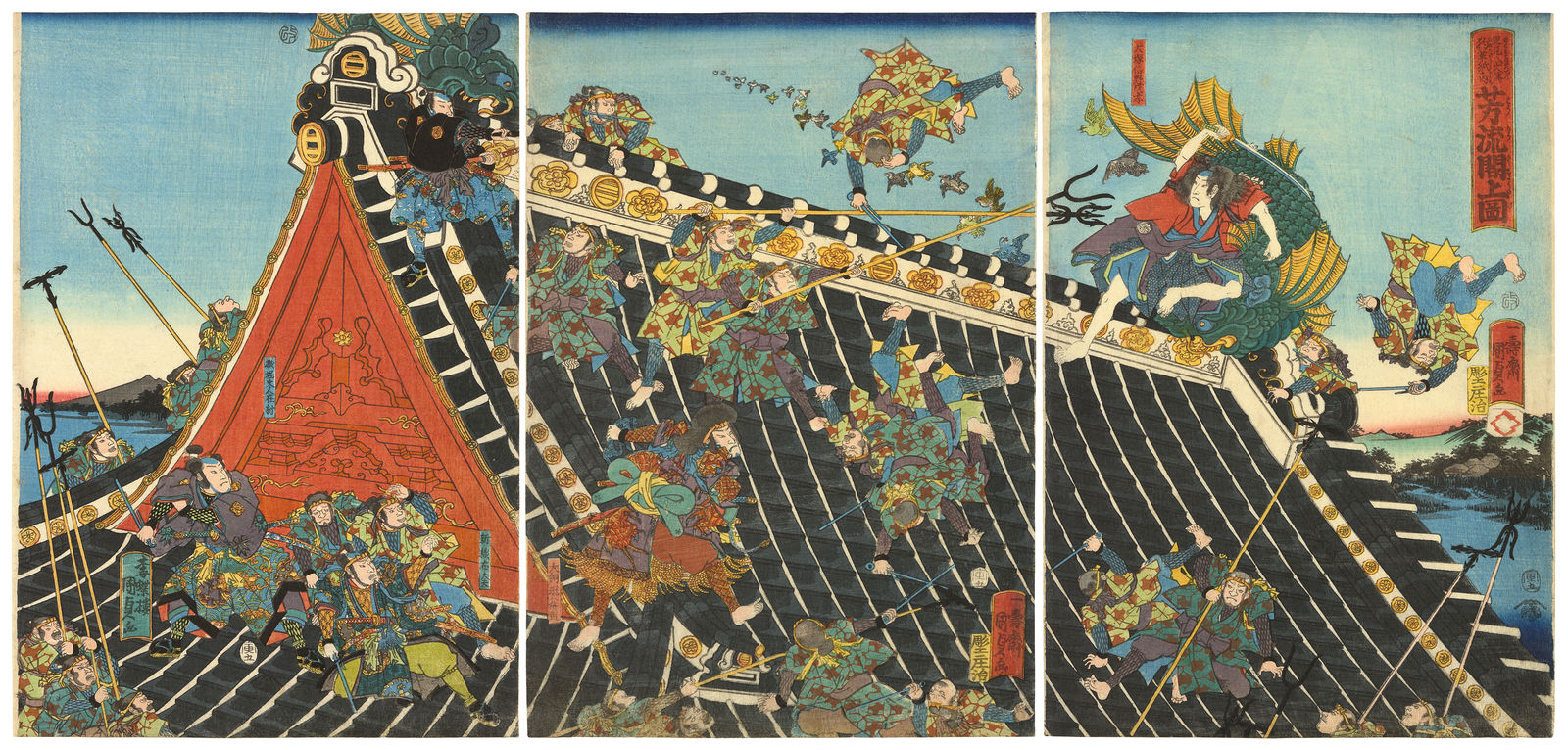 Utagawa Kunisada II (1823-1880), On the Roof of the Horyukaku from the Book The Eight Dog Heroes of Satomi (Satomi hakkenden inu no soshi no uchi, Horyukaku-jo no zu), 1854, 5th month