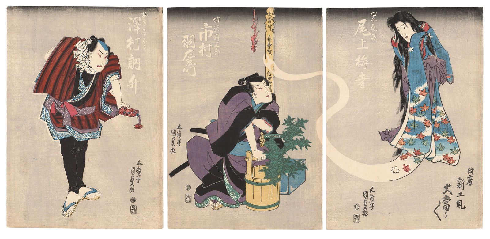 Utagawa Kunisada (1786–1865), The kabuki actors Onoe Baiko III as the ghost of Kasane, ‘Kasane no shiryo’ (R), actor Ichimura Uzaemon XII as Shiozawa Tanzaburo (C) and Sawamura Tossho I (L), 1836