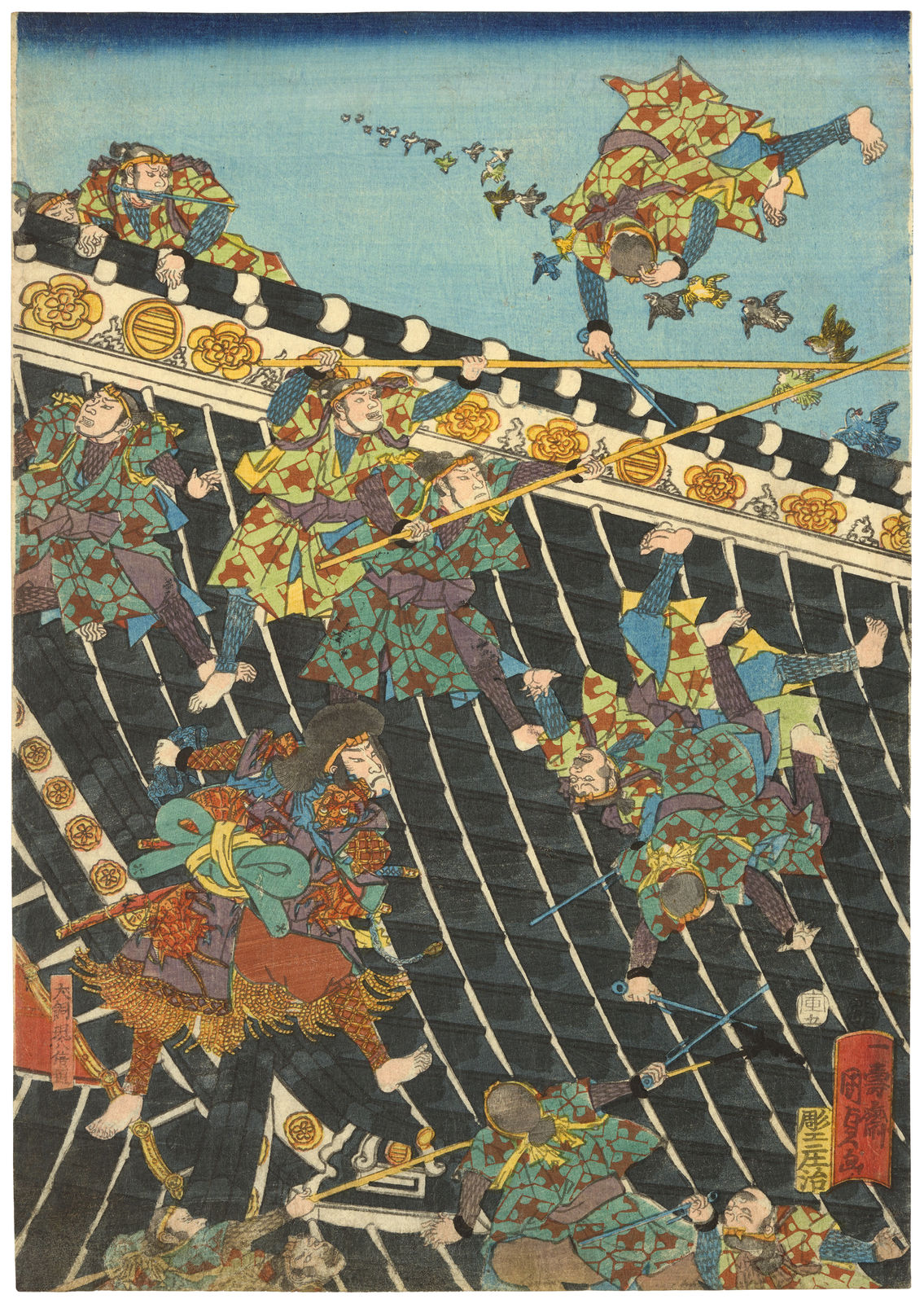 Utagawa Kunisada II (1823-1880), On the Roof of the Horyukaku from the Book The Eight Dog Heroes of Satomi (Satomi hakkenden inu no soshi no uchi, Horyukaku-jo no zu), 1854, 5th month