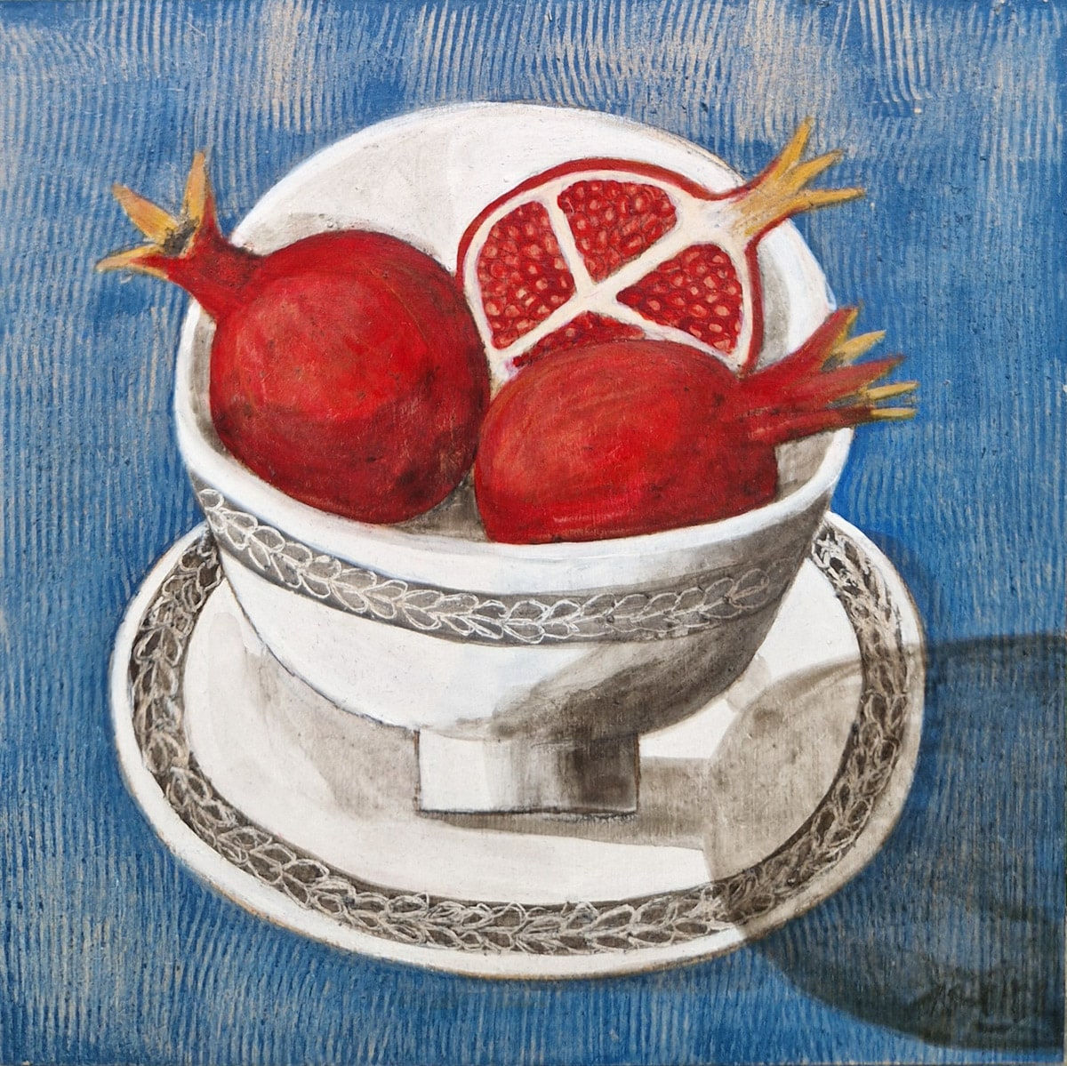 Astrid Trügg, Pomegranates on a blue cloth