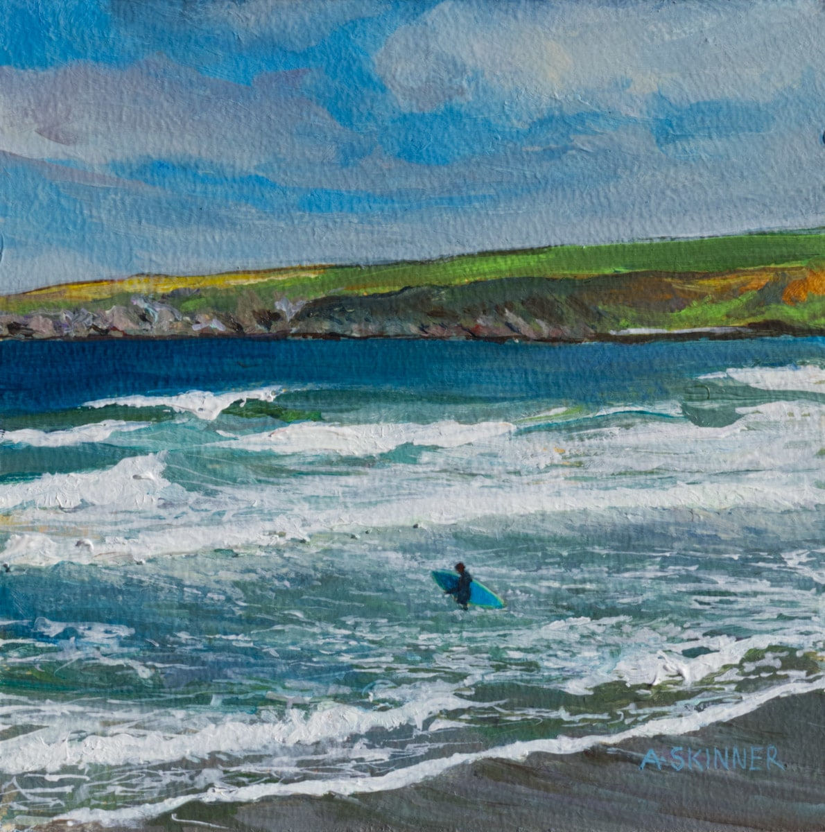 Anne Skinner, Surfer Wading out to Sea, Sandend, Aberdeenshire