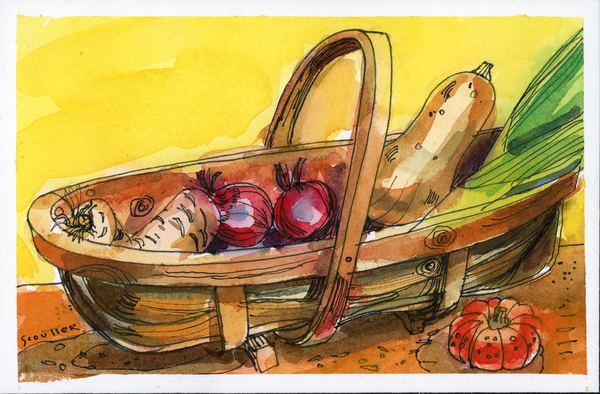 Glen Scouller RSW RGI, Trug with Garden Vegetables