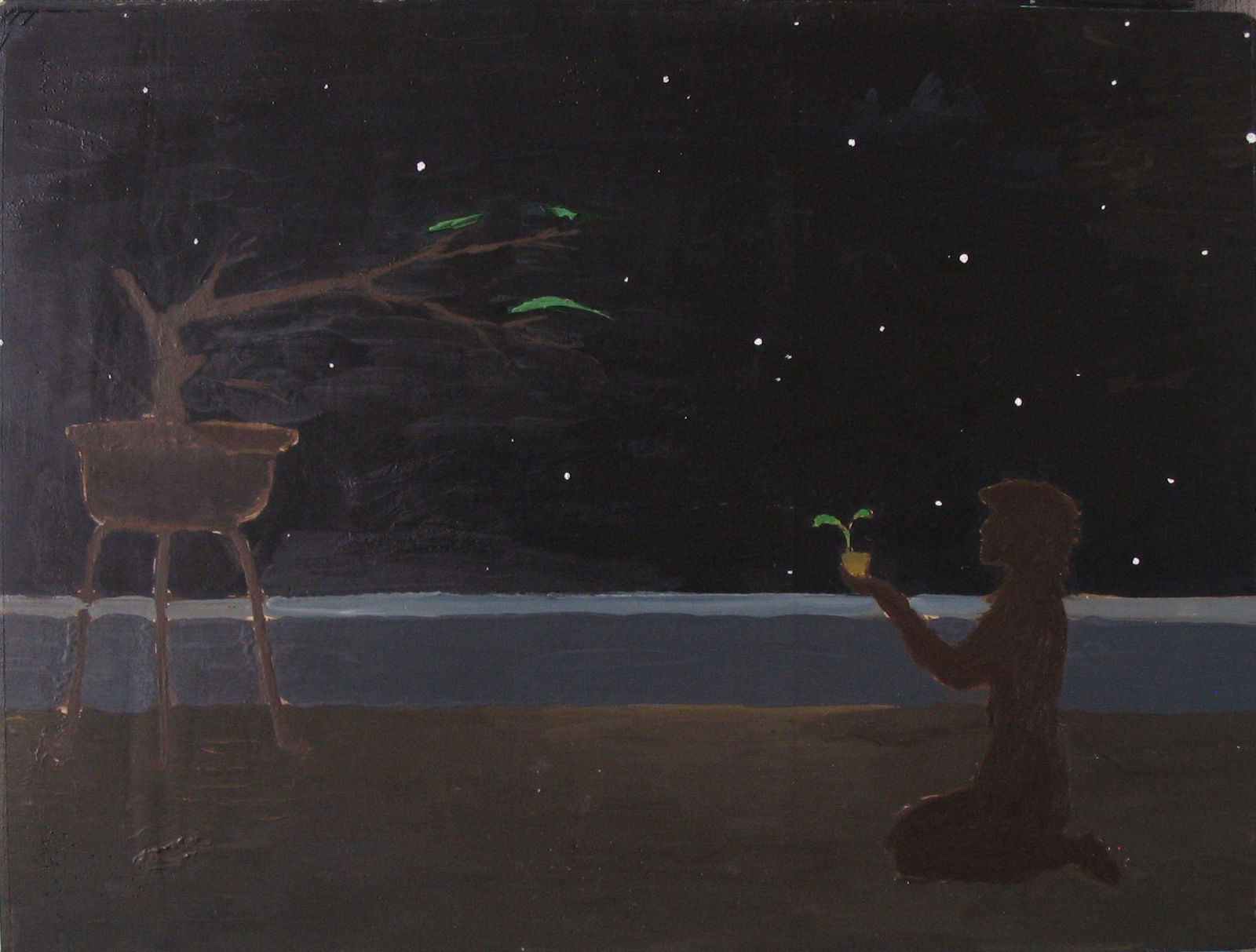 Liao Guohe 廖国核, Untitled (black background, aged bonsai, plantlet, man) 无题（黑背景 老盆景 小苗人）, 2009