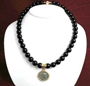Onyx Beaded Necklace Featuring a Roman Silver Denarius of Emperor Maximinus I, 235 CE - 238 CE