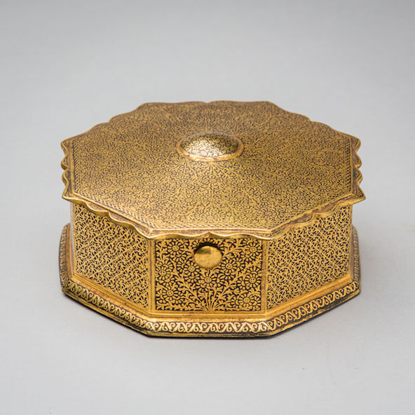 Indian Gilt Damascened Octagonal Box Decorated with Floral and Foliate Geometric Pattern, 1600 CE - 1850 CE