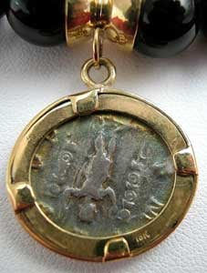 Onyx Beaded Necklace Featuring a Roman Silver Denarius of Emperor Maximinus I, 235 CE - 238 CE