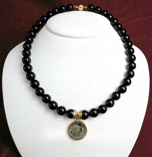 Onyx Bead Necklace Featuring a Roman Silver Denarius of Emperor Hadrian, 117 CE - 138 CE