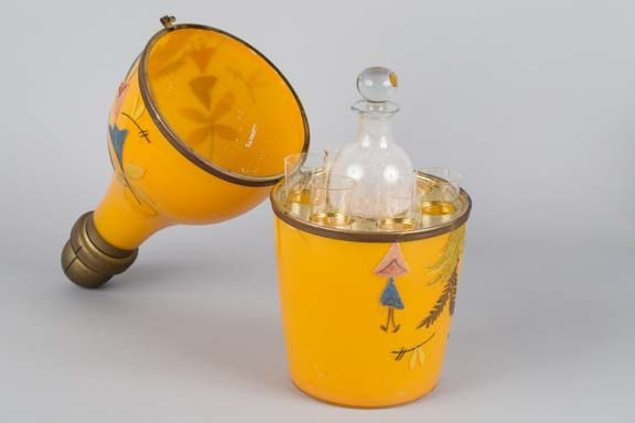 Set of enamelled decorated bottle and glasses in opaline glass, 19th Century CE