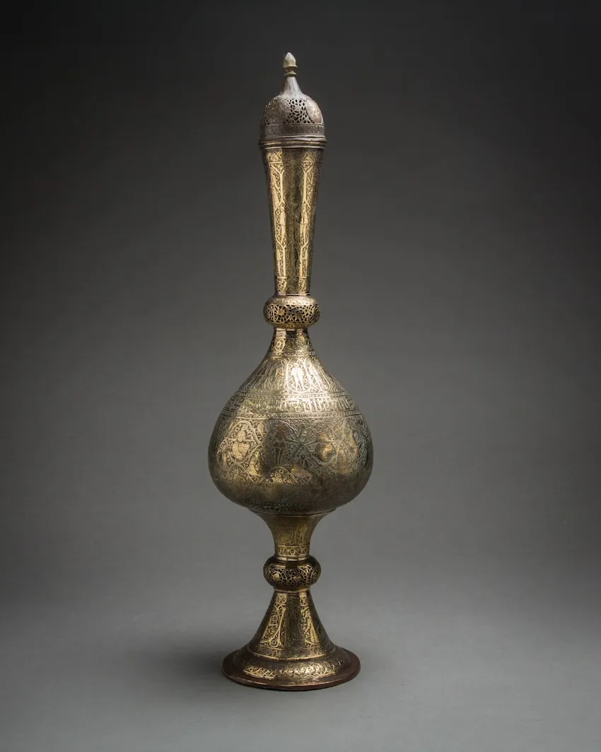 Qajar brass tall lidded bottle-shaped flask