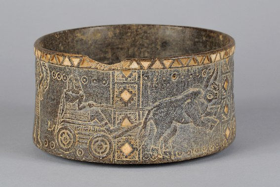 Bactrian cylindrical stone vessel with figurative decoration, 2500 BCE - 1500 BCE