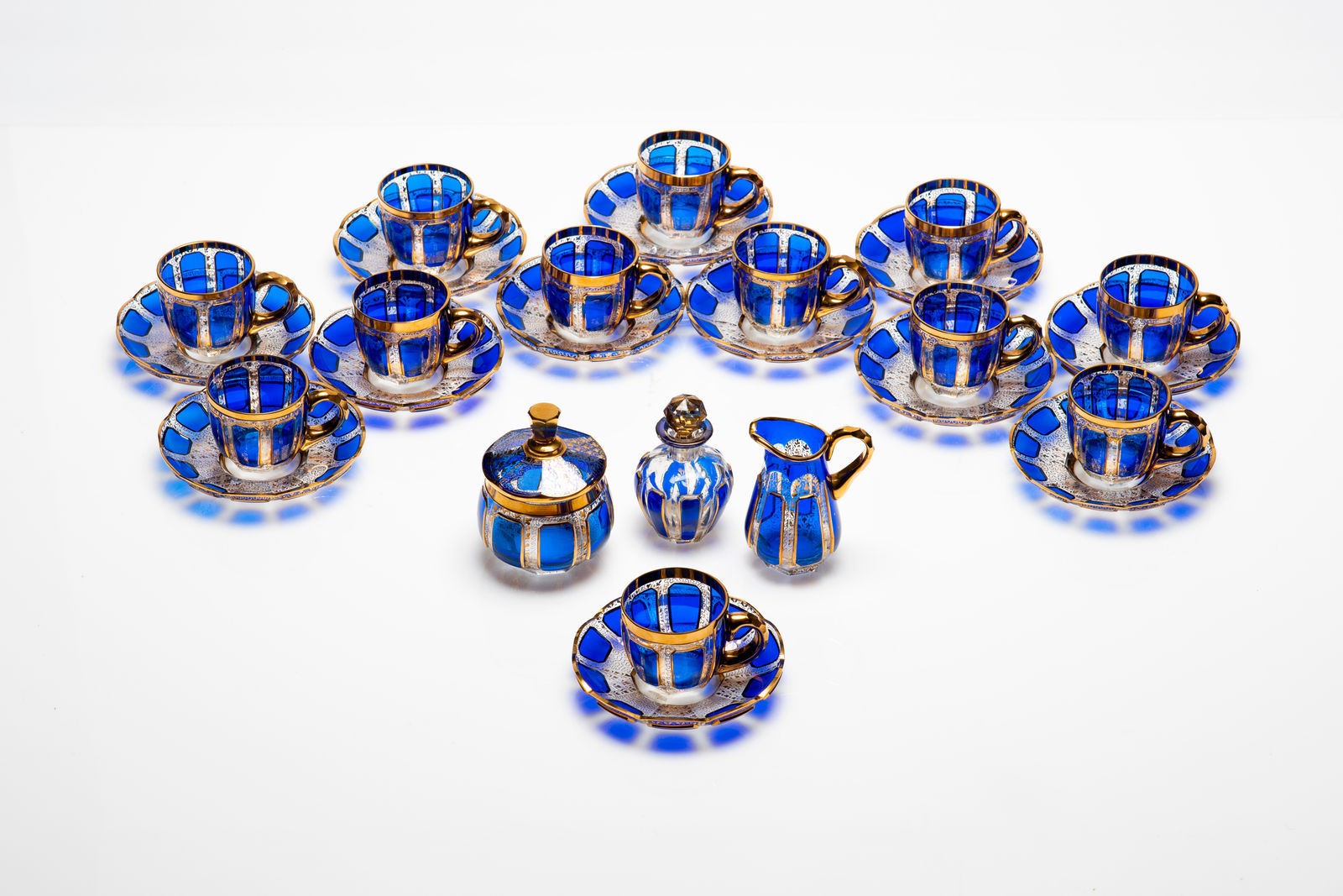 Set of Bohemian Glass Cups and Dishes with Pots, 19th Century