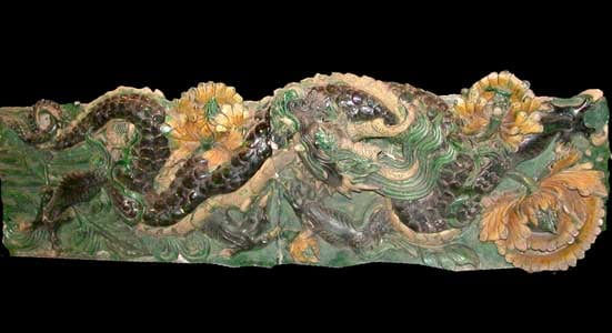 Pair of Ming Glazed Terracotta Temple Wall Tiles Depicting a Dragon, 1368 CE - 1644 CE