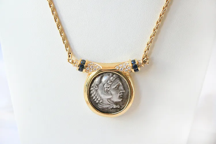 Gold Necklace Featuring a Silver Coin of Alexander the Great, 336 BCE - 323 CE