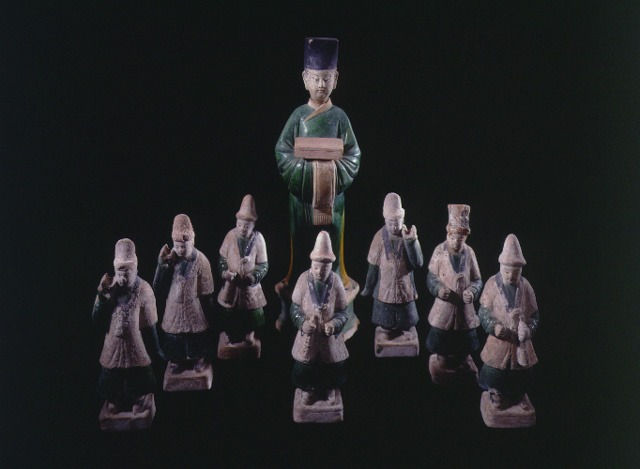 Set of Ming Dynasty Glazed Terracotta Sculptures Featuring a Dignitary and Seven Attendants, 1368 CE - 1644 CE