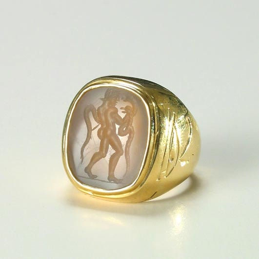 Gold Ring Featuring a Roman Agate Intaglio of a Deity Battling Serpents, 100 CE - 300 CE