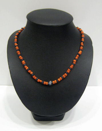 Coral Glass and Dark Blue Bead Necklace, 100 CE - 1200 CE