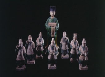 Set of Ming Dynasty Glazed Terracotta Sculptures Featuring a Dignitary and Seven Attendants, 1368 CE - 1644 CE