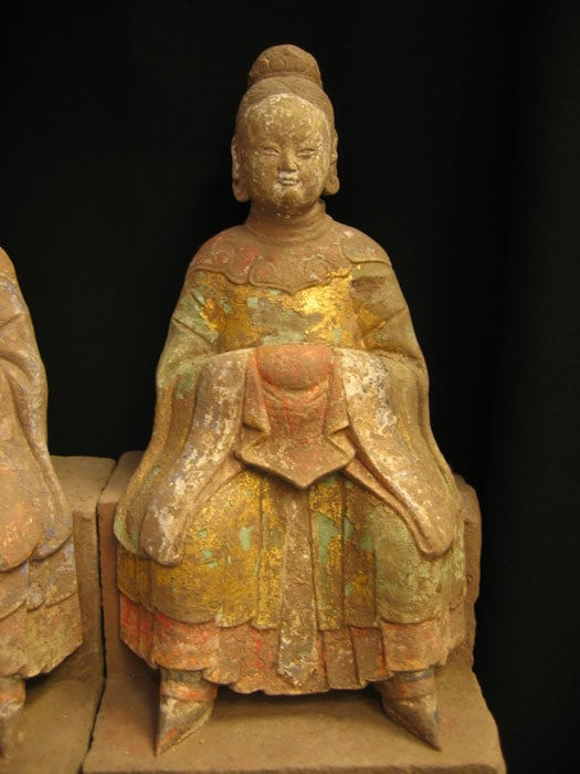 Set of 3 Ming Dynasty Painted and Gilded Sandstone Seated Female Figures, 1368 CE - 1644 CE