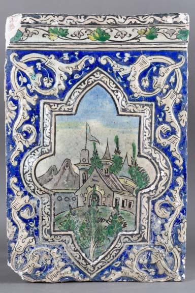 Glazed rectangular tile with country estate